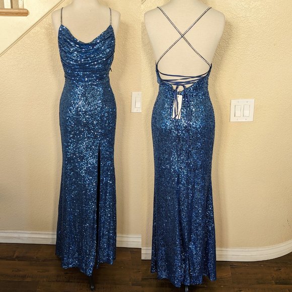 Denim Blue Sequined Cowl Rhinestone Wedding Guest Prom Formal Party Dress 2 - Picture 2 of 5